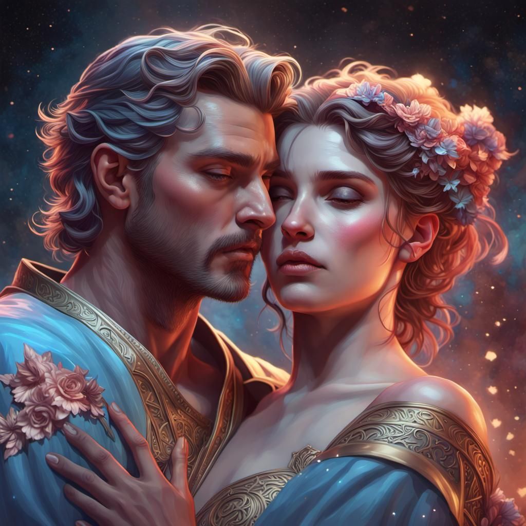 Twin Flames Portrait in Maximalist Digital Art Style