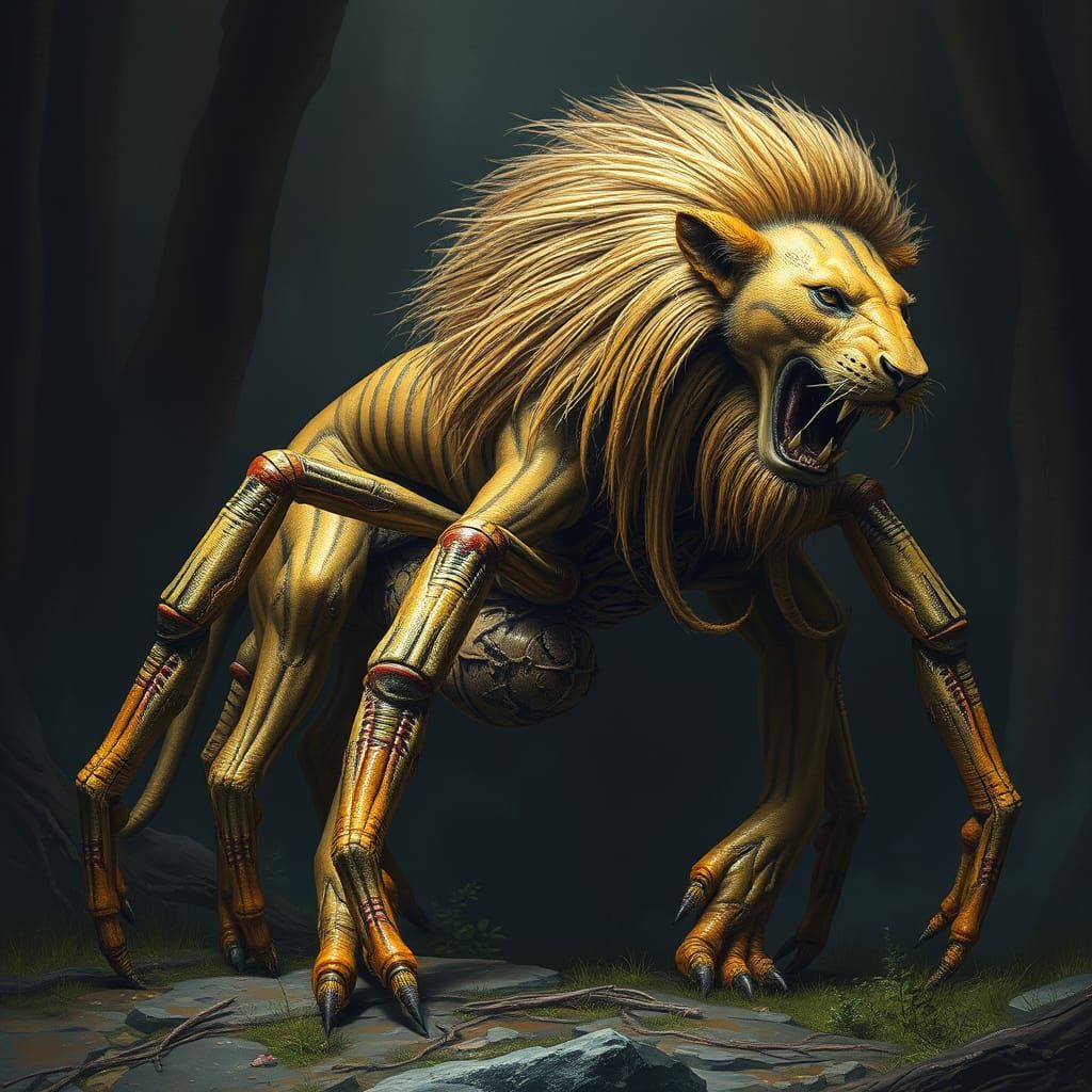 Surreal Lion Spider Hybrid in Dark, Moody Landscape