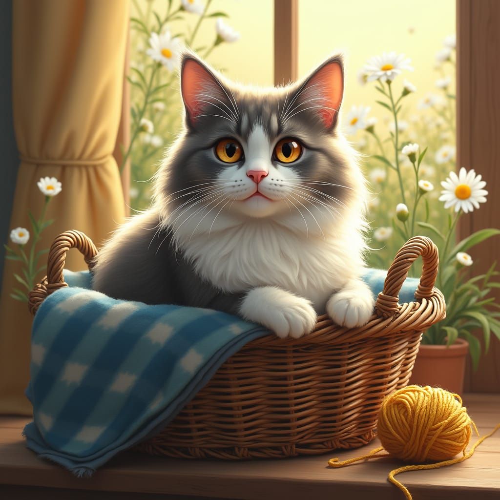 Regal Gray Cat in Wicker Basket with Vibrant Garden