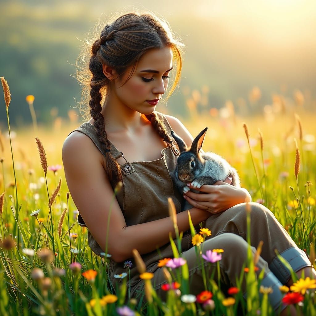Serenely Beautiful Woman in Earth-Toned Overalls with Braids...