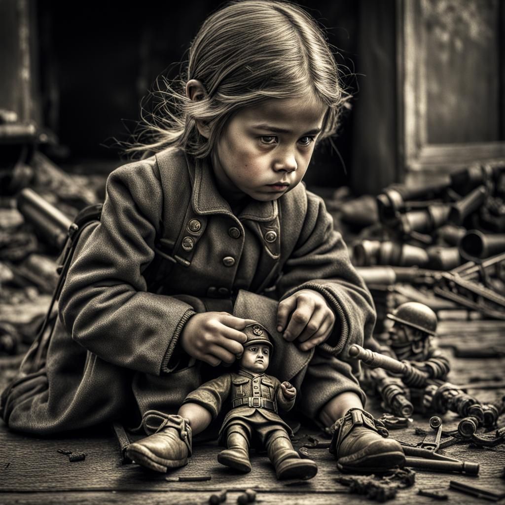 Sad Girl Plays with Toy Soldier in War Zone