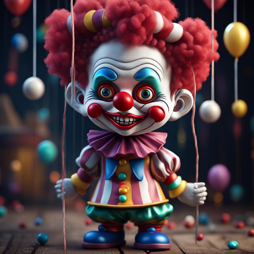 Adorable Chibi Clown String Puppet in Detailed Matte Paintin...