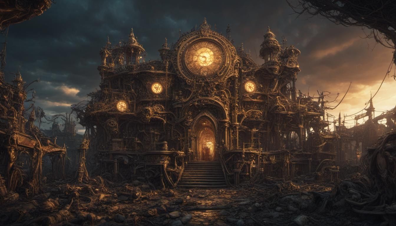 Ominous Steampunk Clock Tower in Dark Fantasy Style
