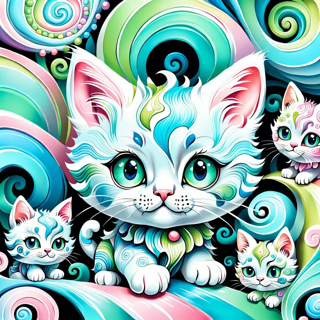 Pastel Candyland: Chibi Kittens in Gouache Swirls