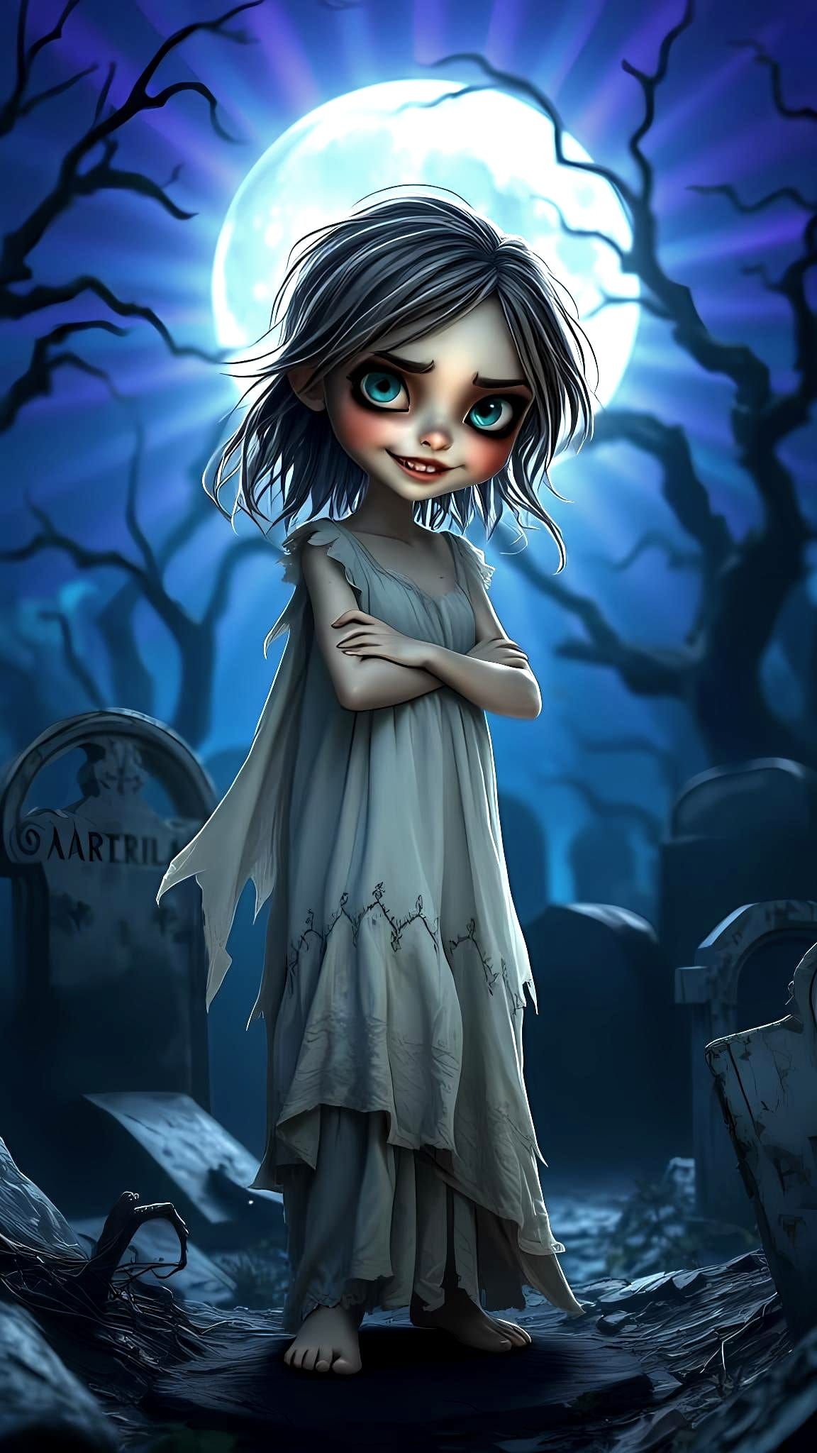 Cute and Scary Ghost Girl in Cemetery: 3D Art
