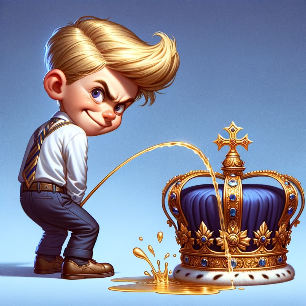 Cartoon Boy Urinating on King's Crown: Detailed Matte Painti...