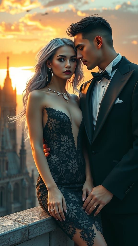 Sultry Young Woman in Elegant Black Lace Gold Dress, with Me...