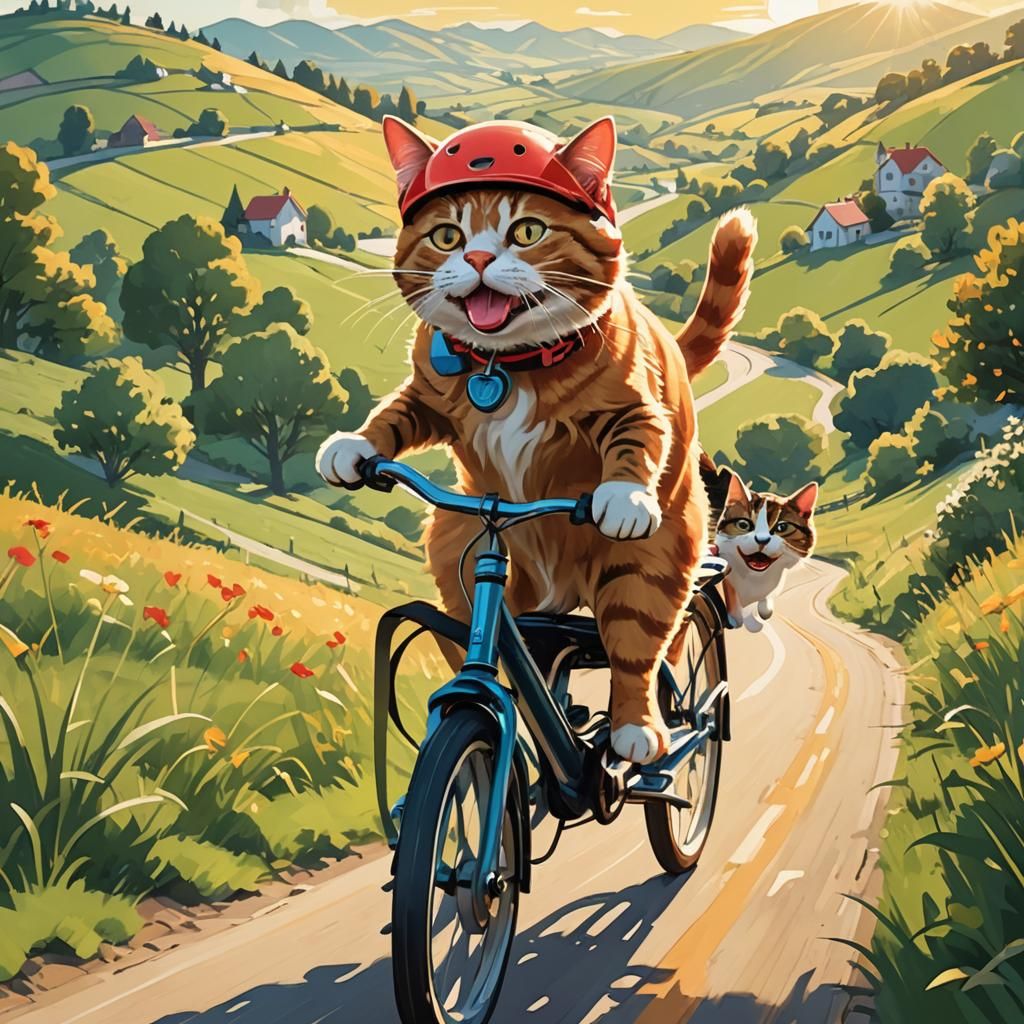 Cat and Dog's Sunny Bike Ride: Whimsical Illustration
