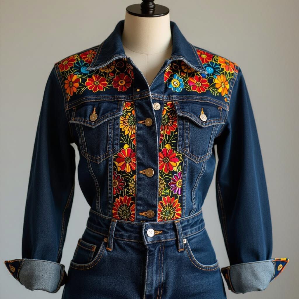 Bohemian Chic Denim Skirt with African Wax Fabric Details