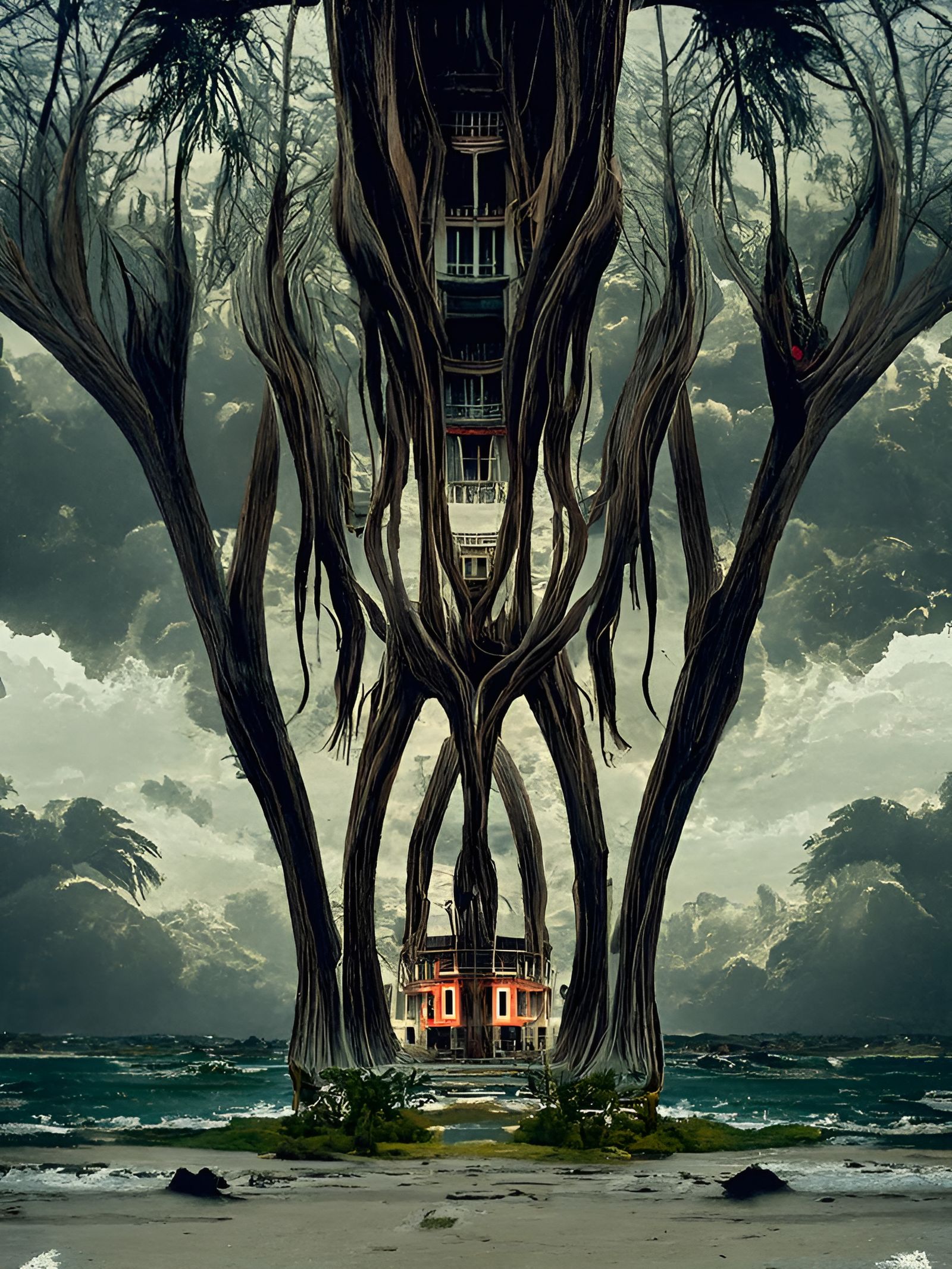 Ethereal Ghost Trees Engulf Mansion in Romanticism Style