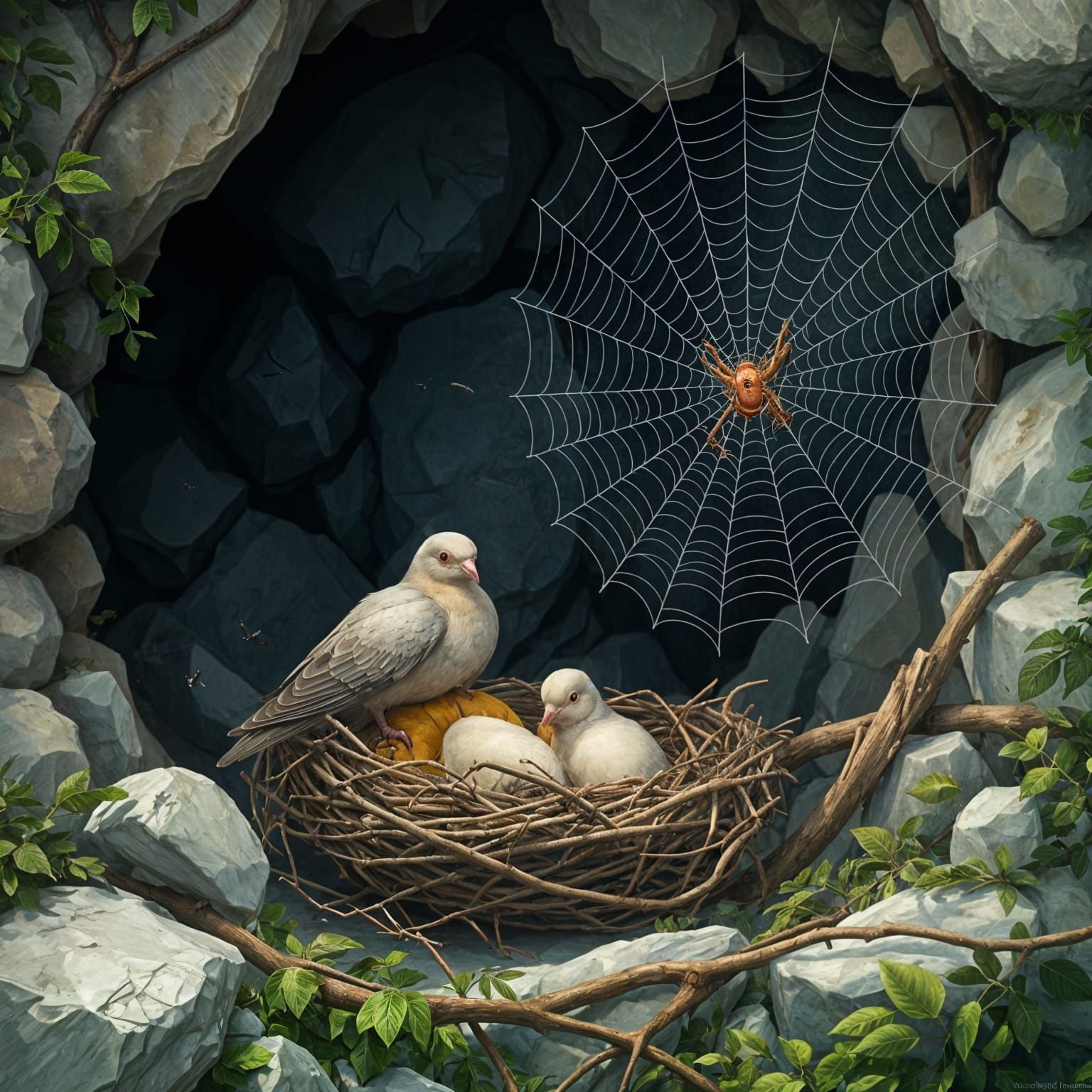 a pair of doves and a spider at the entrance of a cave