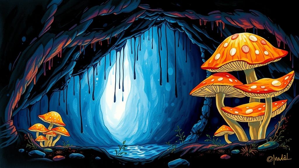 Luminous Cave with Glowing Mushrooms in Ink Style