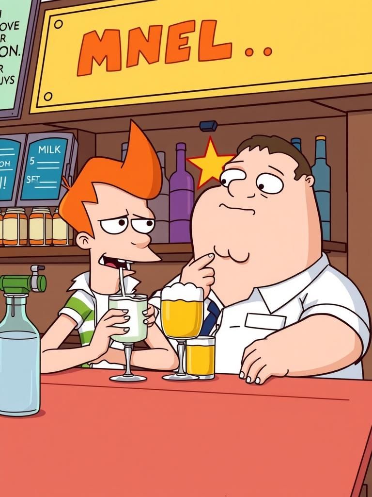 Fry (Futurama) and Peter Griffin (Family Guy) at a bar