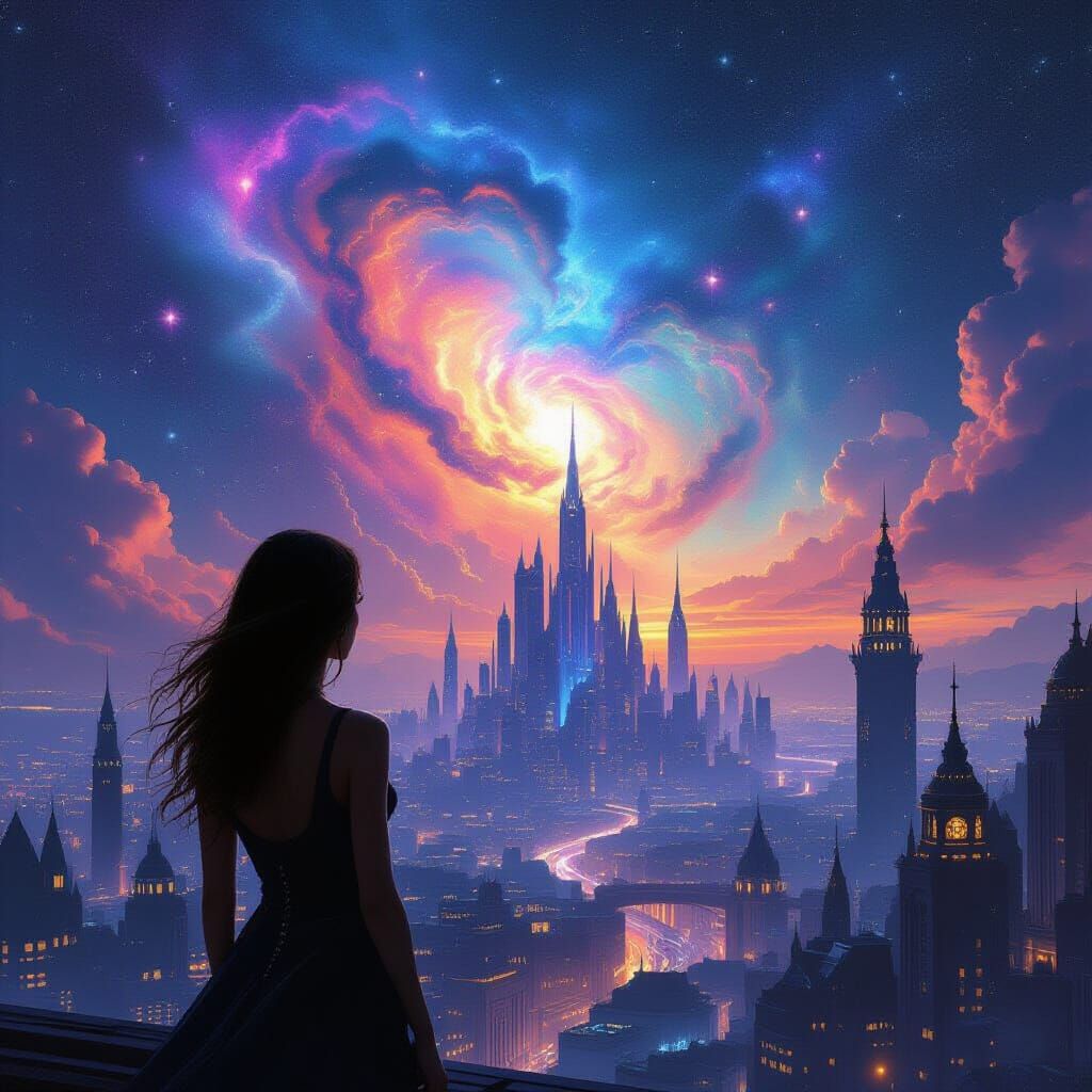 Woman Gazing at Nebula in Cosmic Cityscape