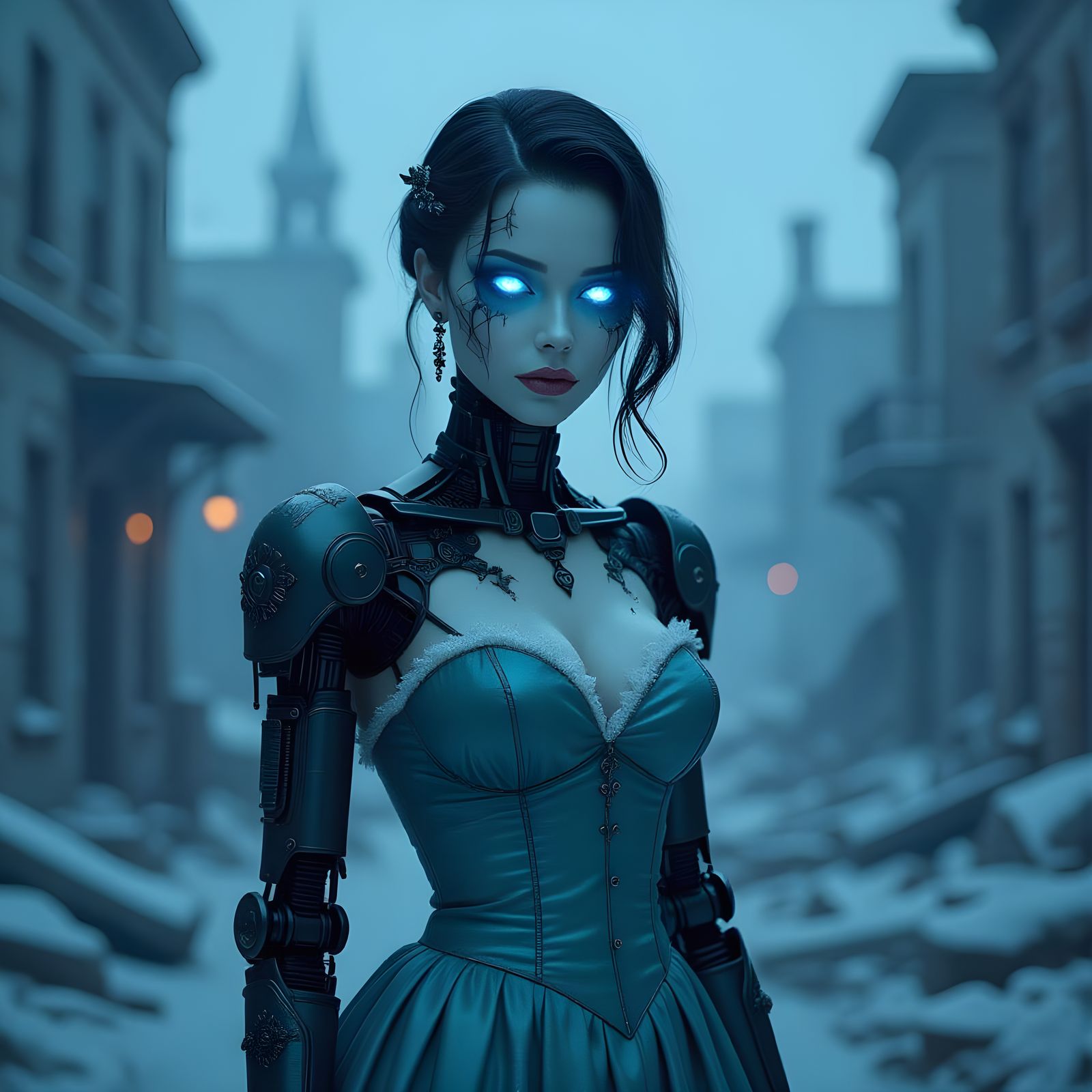 Female Android in Overgrown 1950s City Ruins