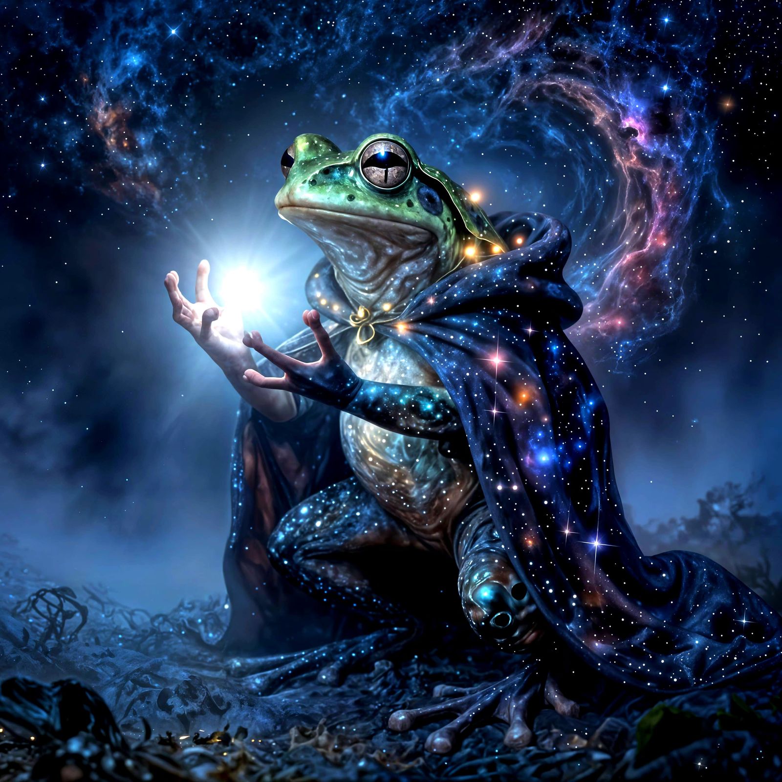 Ethereal Cosmic Frog with Starry Cloak