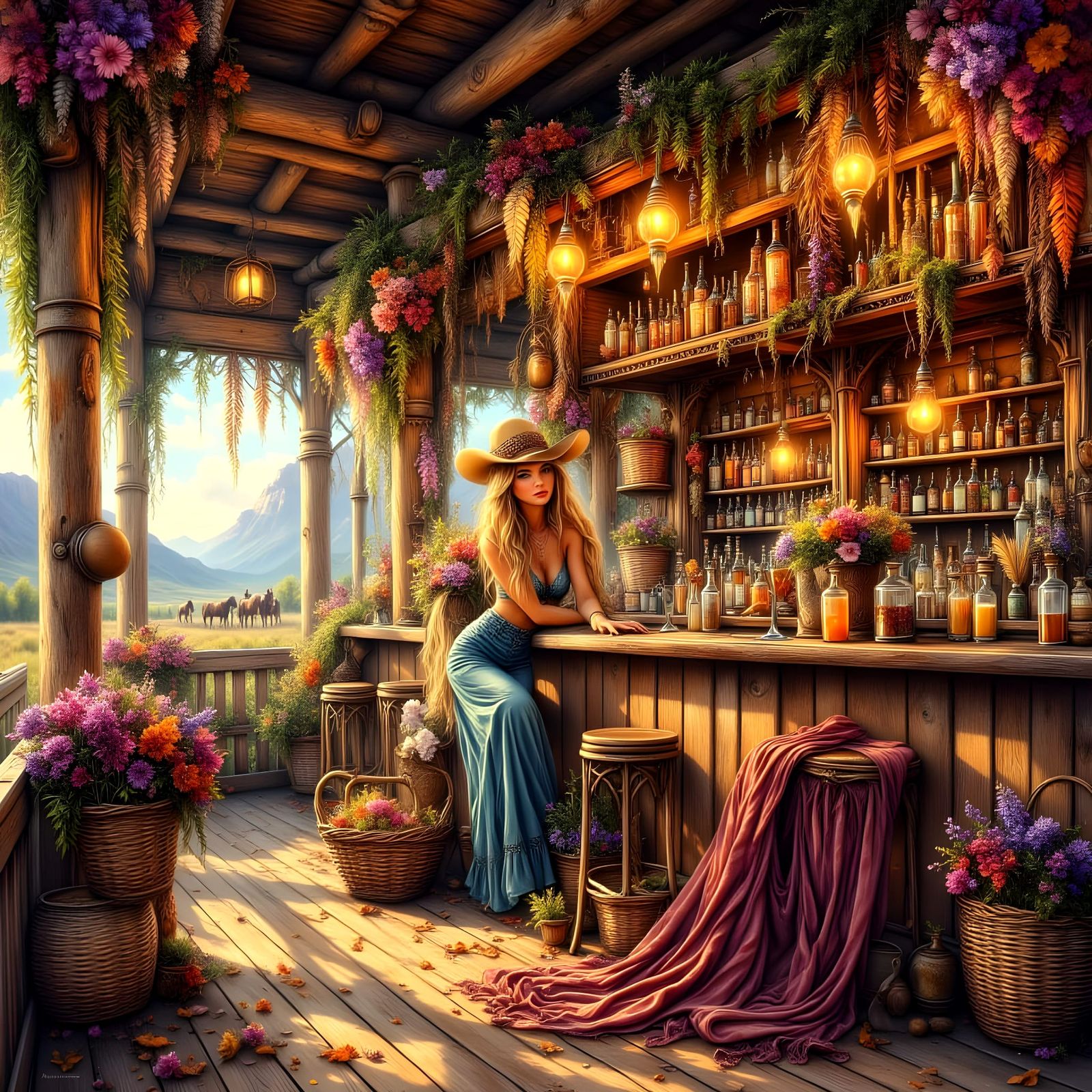Wild West Saloon with Barmaid, Digital Drawing