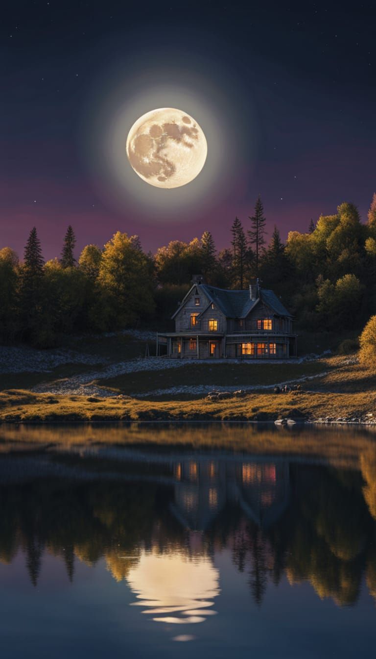 Serene Moonlit Lake House in Hyperrealistic Style