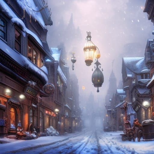 Cozy Steampunk City Blizzard in Detailed Matte Painting