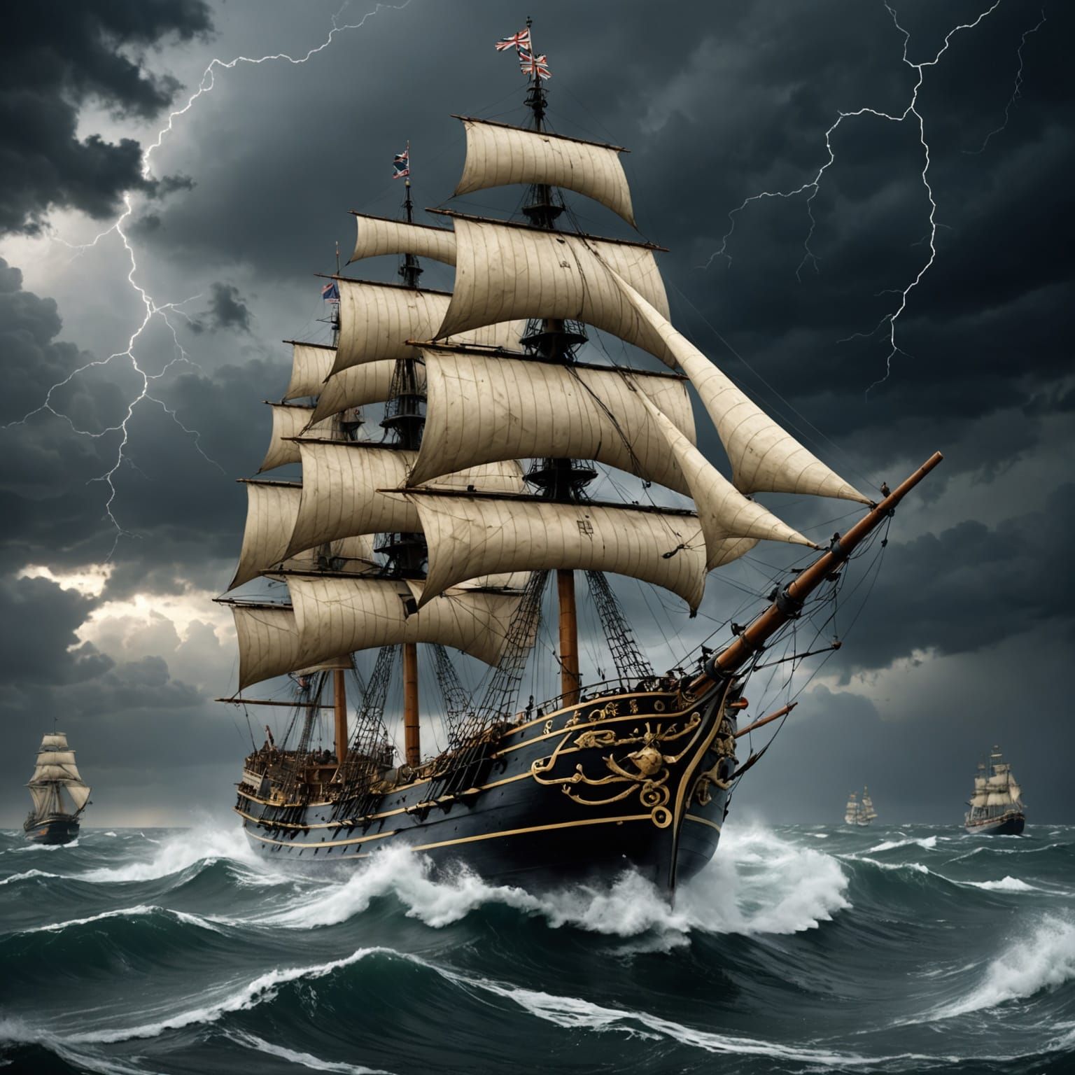 Digital Painting of a Stormy British Warship from 1800