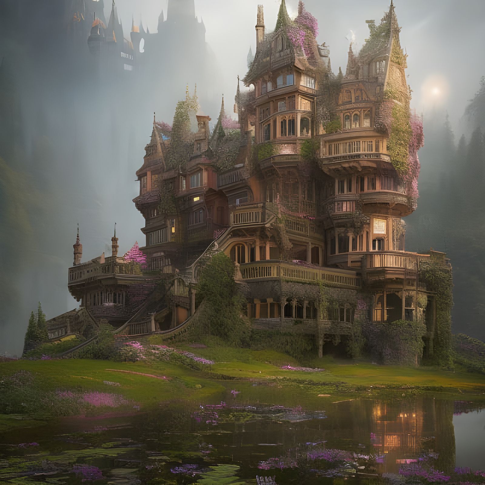 beautiful castle overgrown with moss high on a hillside