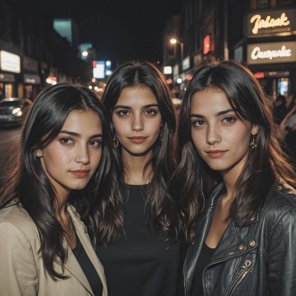 Sisters in Front of Nightclub, Photorealistic Image