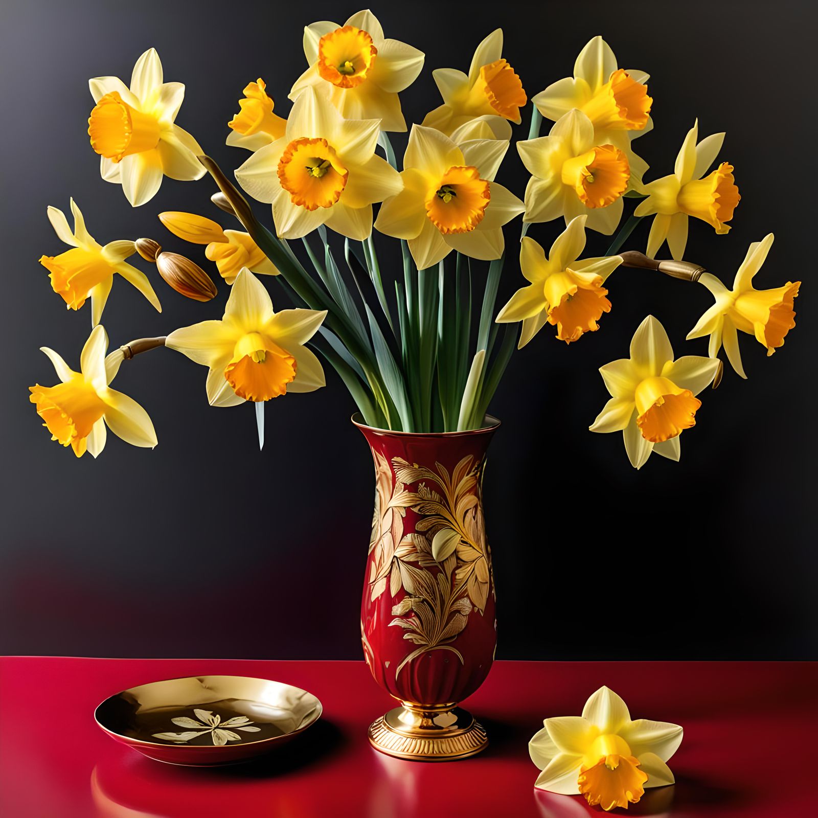 Daffodils in Red and Gold Vase