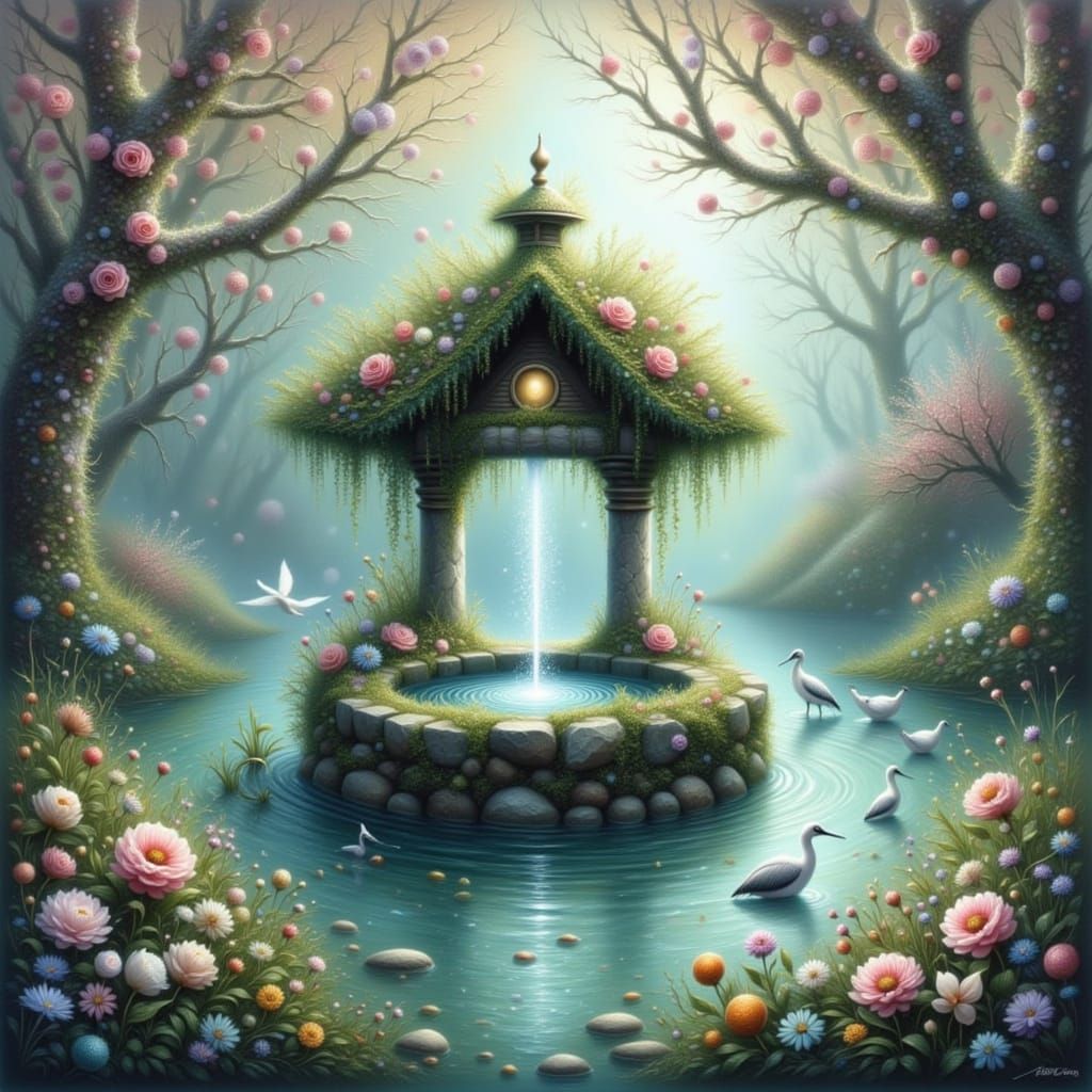 Magical Wishing Well on Enchanted Lake in Anime Style