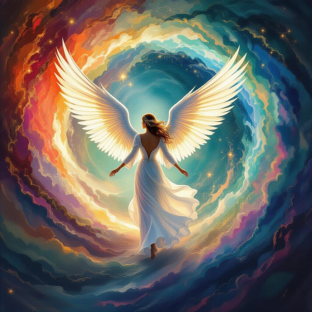 Ethereal Angel Descends in Vibrant Mystical Vortex