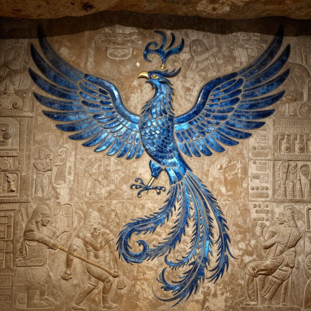 Majestic Blue Phoenix Rises on Aztec Cave Wall