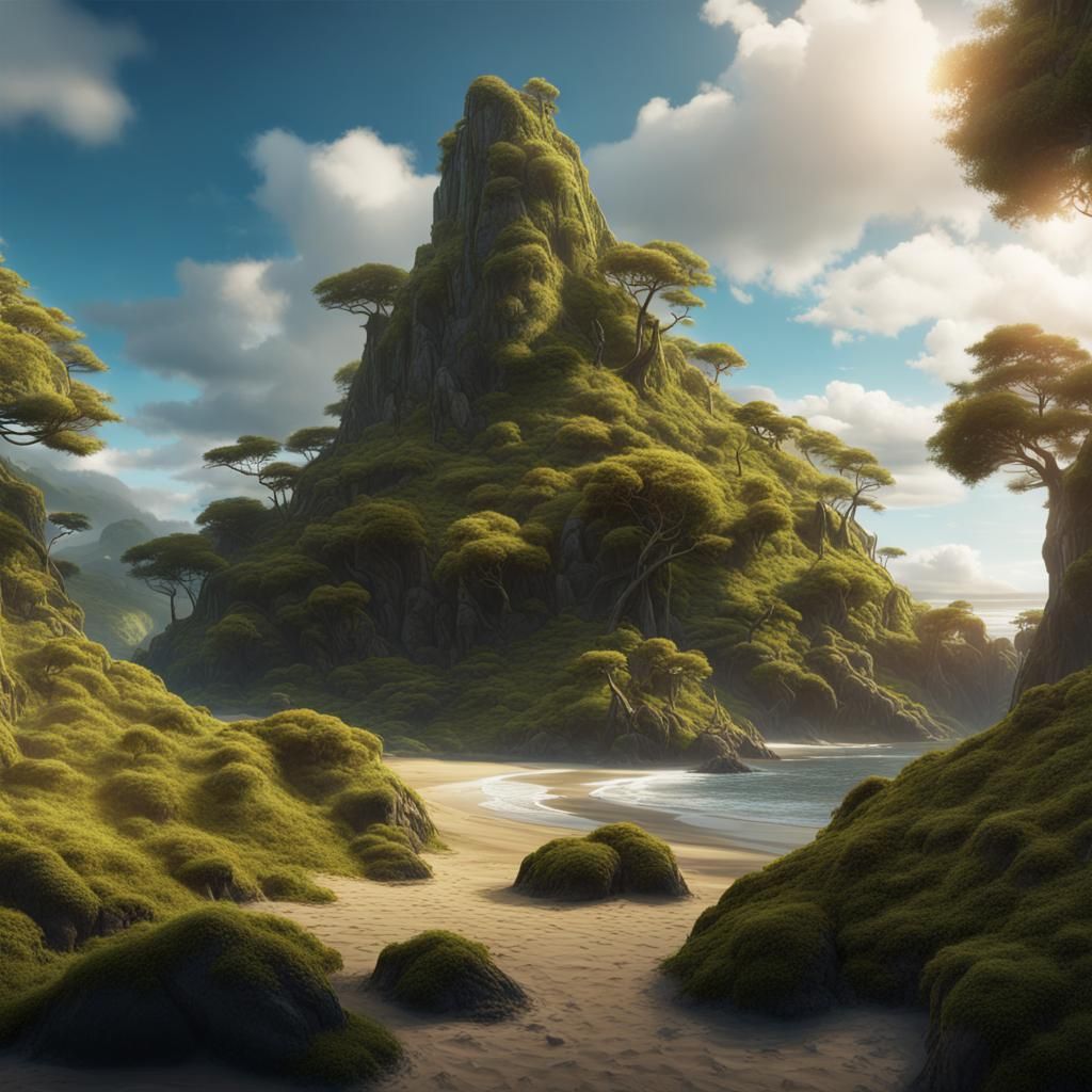 Mossy Beach Landscape with Mountain Trees