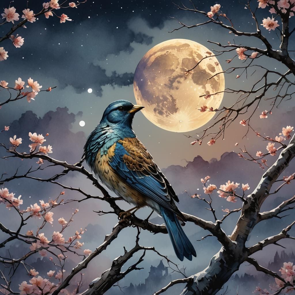Bird Under Moon, Watercolor Concept Art