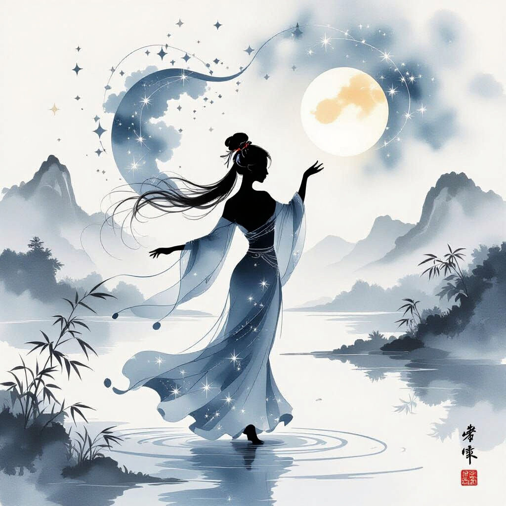 Dancing Lady Silhouette in Chinese Watercolor Style