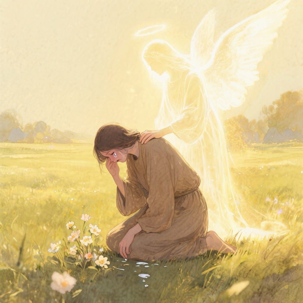 Radiant Being Comforts Mourner: Watercolor Painting