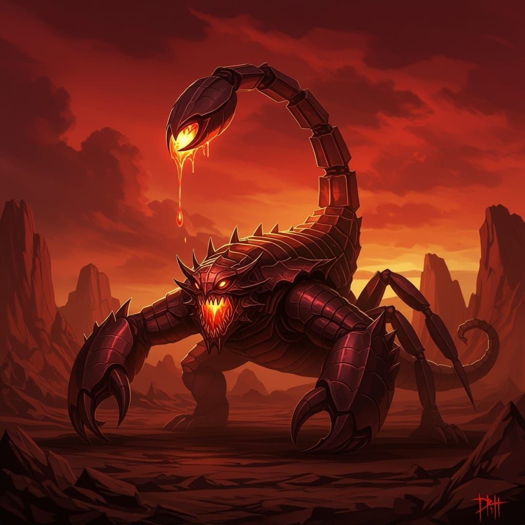 Terrifying Megilagon Scorpion Hybrid in Dark Fantasy Style