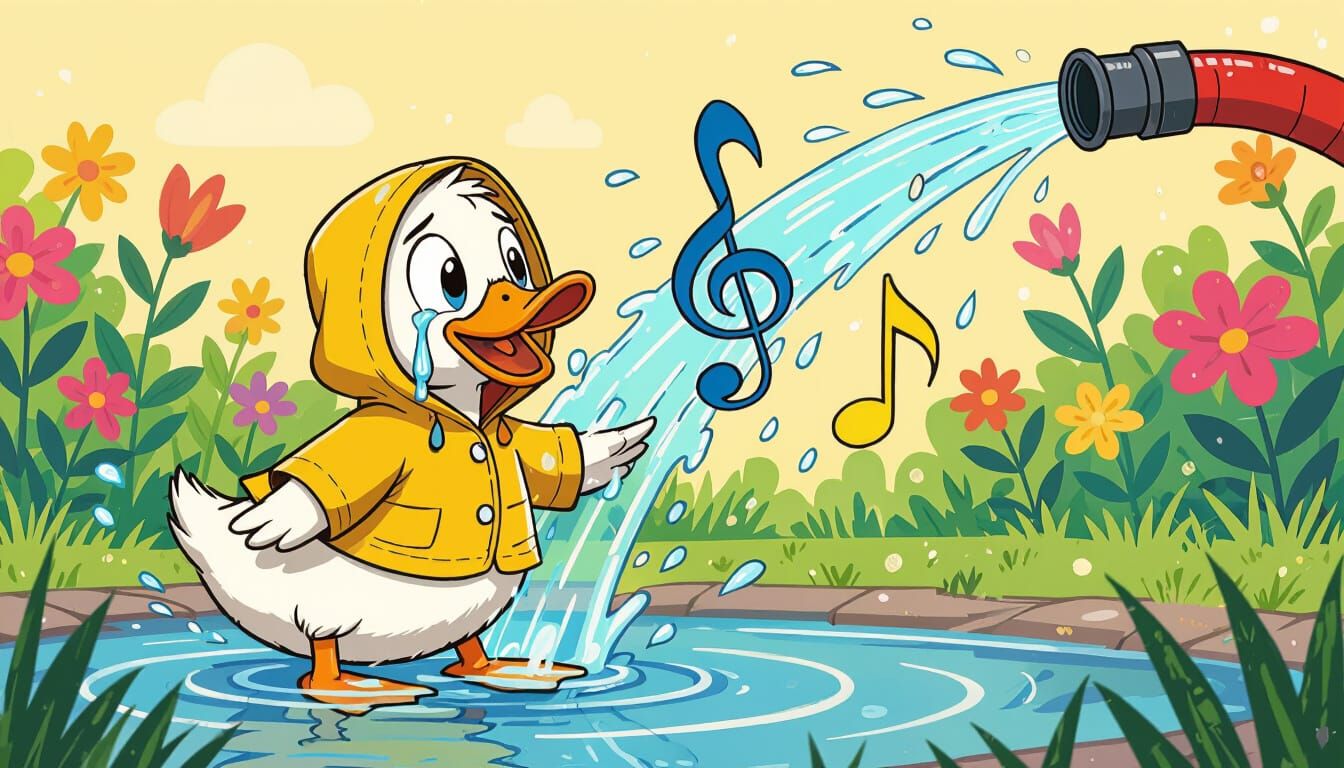 Sad Duck Crying with Musical Hose, Comic Style