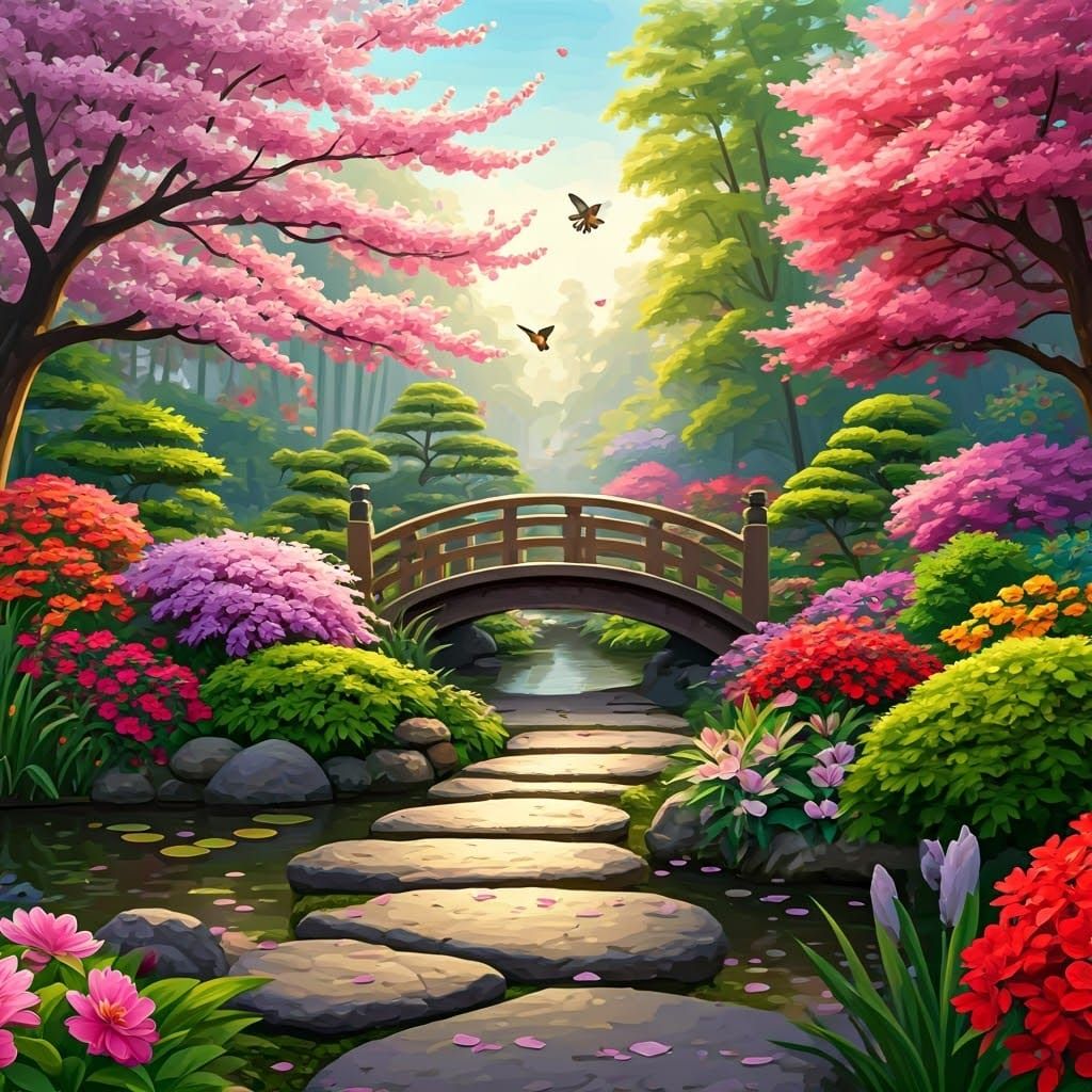 Vibrant Japanese Garden in Bloom, Photorealistic Style
