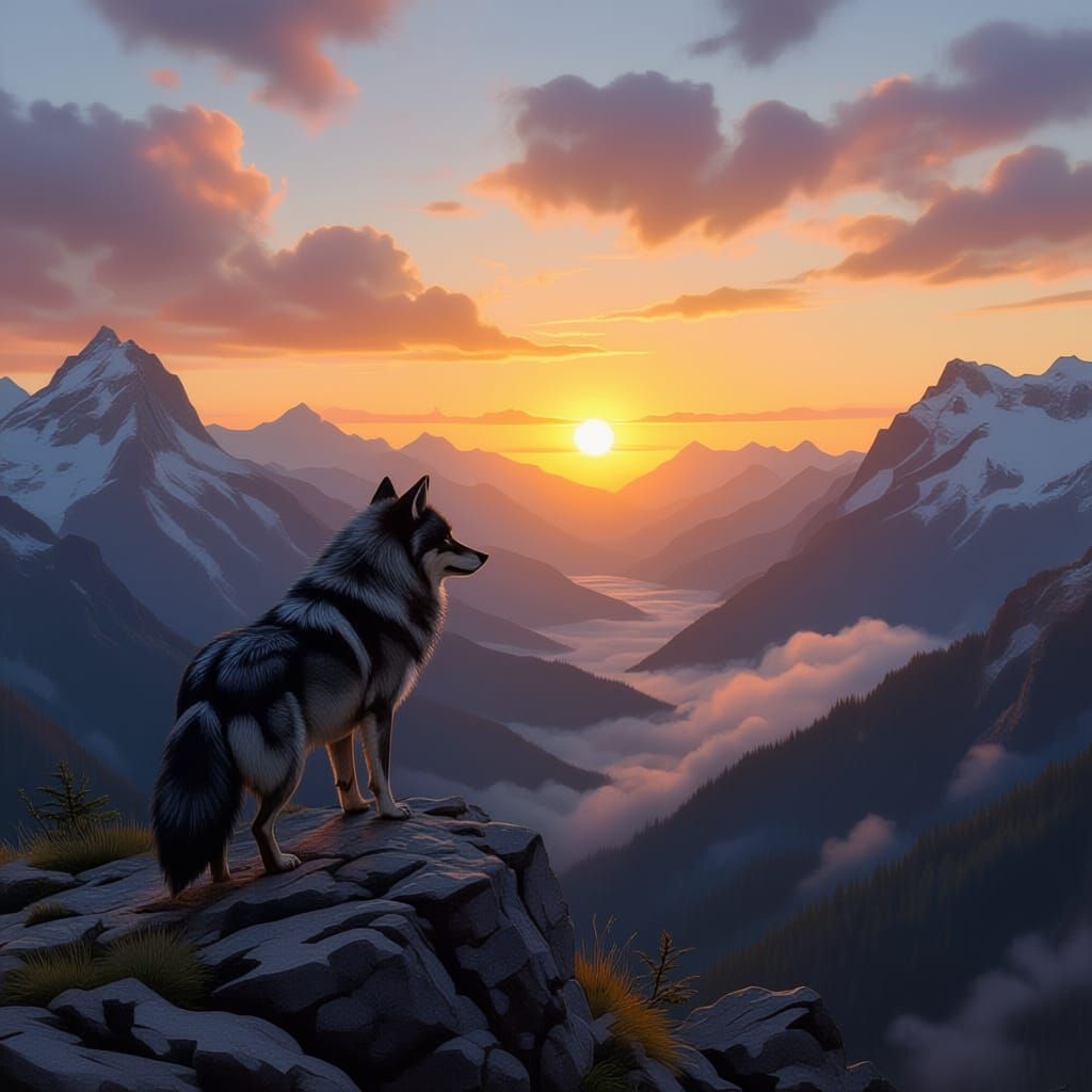 Majestic Wolf Watches Sunrise Over Lush Valley