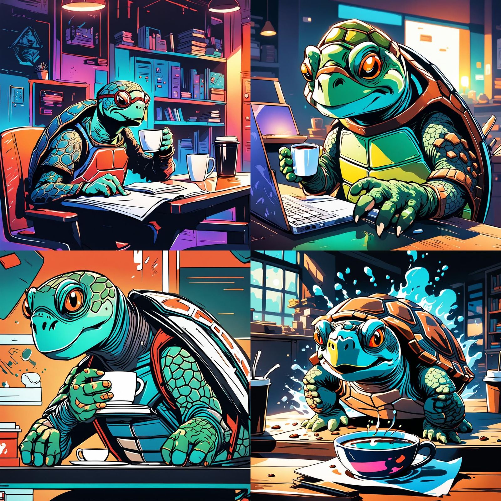 Turtle YouTuber Drinks Coffee: Cel-Shaded Anime Art