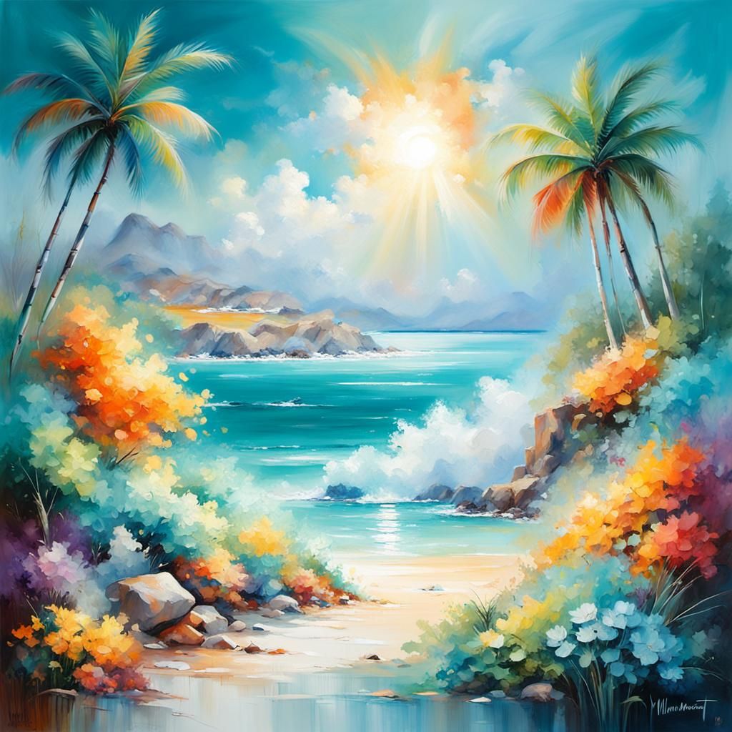 Caribbean Dreamscape Painting in Watercolor Style