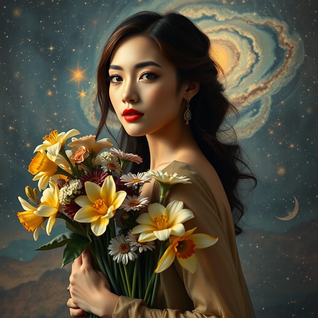 Elegant Woman in Surreal Starscape: Cubist Photomontage