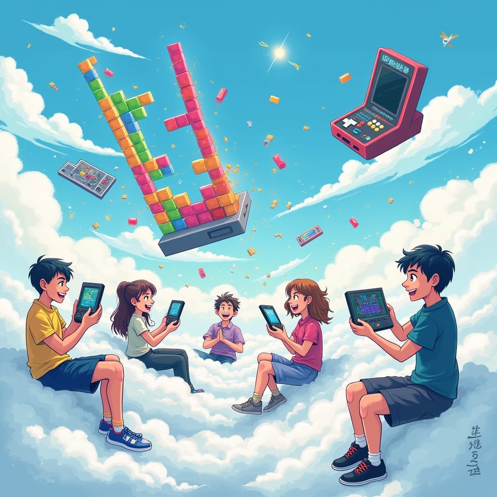 Vibrant Heaven Scene with Gamers Playing Classic Arcade Game...