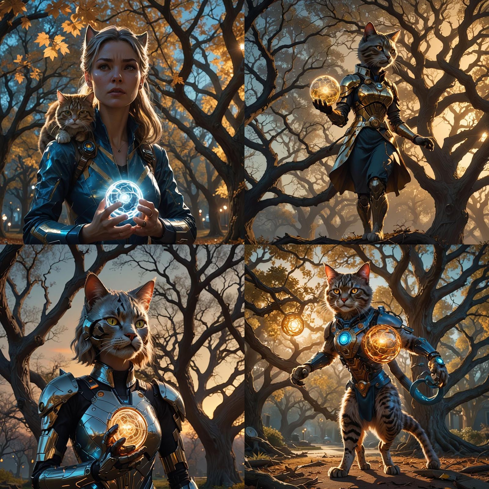 Mechanical Cat Sorceress with Electric Orb at Dusk