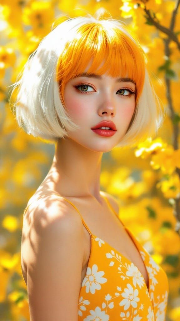 Woman in Vibrant Yellow Sundress with Orange Bangs and White...