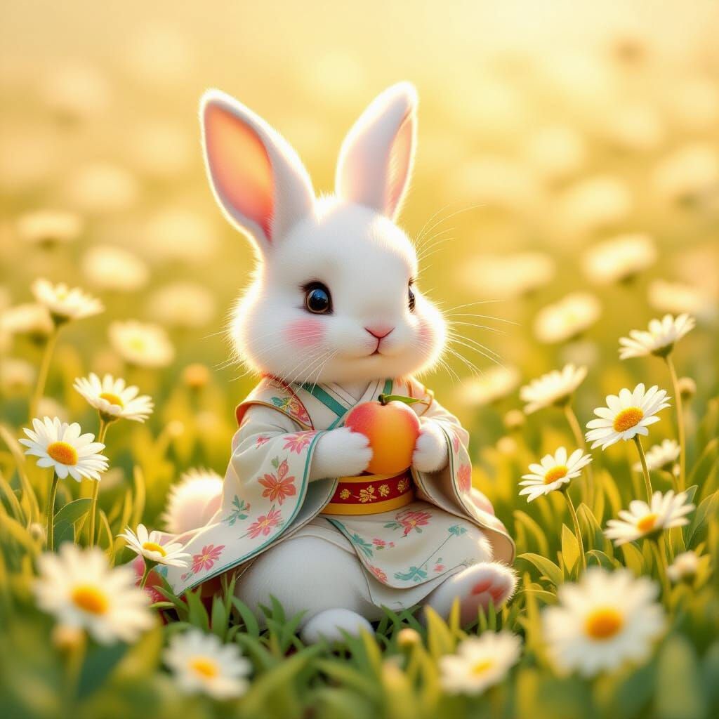 Bunny in Hanfu with Peach, Digital Pastel Painting