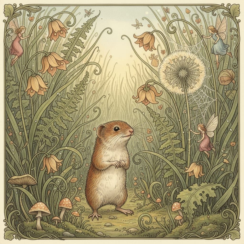 Tiny Pygmy Shrew in Lush Meadow, Whimsical Illustration Styl...