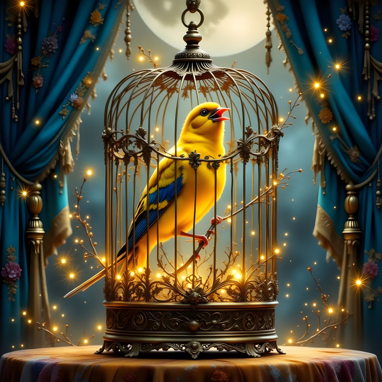 Vibrant Canary Sings in Ornate Cage Under Starry Night