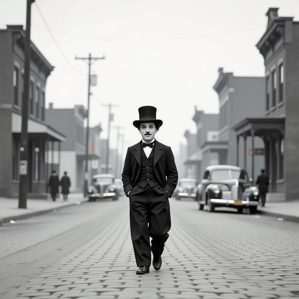 Silent Film Era: Chaplin-esque Figure in Cityscape