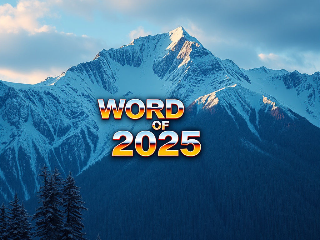 Futuristic Metallic Text on Snowy Mountain Range