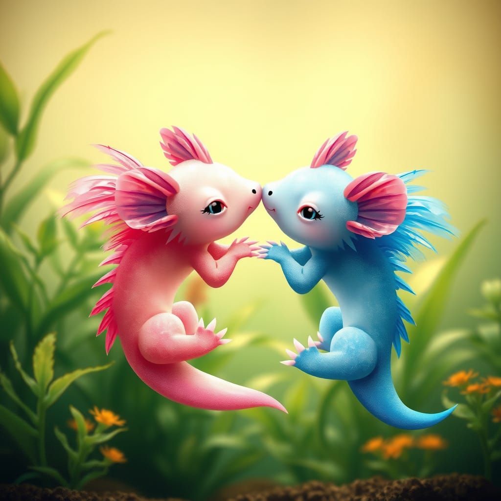 Whimsical Axolotl Couple in Dreamy Aquatic Scene